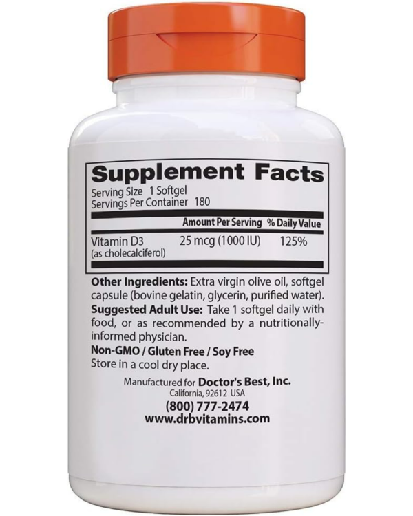 DOCTOR'S BEST Vitamin D3 1000IU - 180 Softgels - Image 2